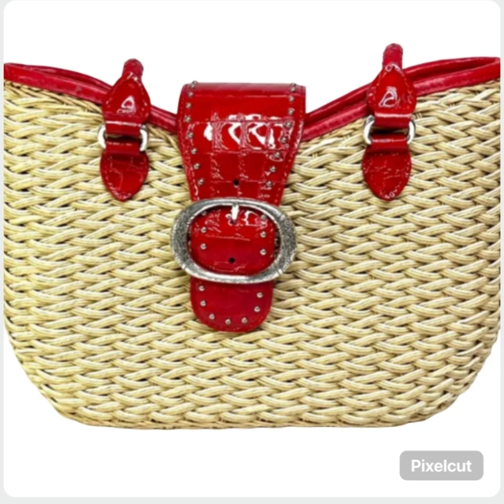 Vintage Brighton Straw Shoulder Bag 2000s Red Patent Leather Silver Hardware